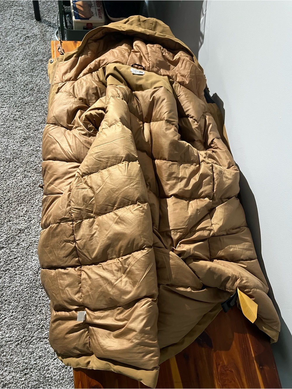Women’s Hooded Long Puffer Coat - Tan - Picture 3 of 11